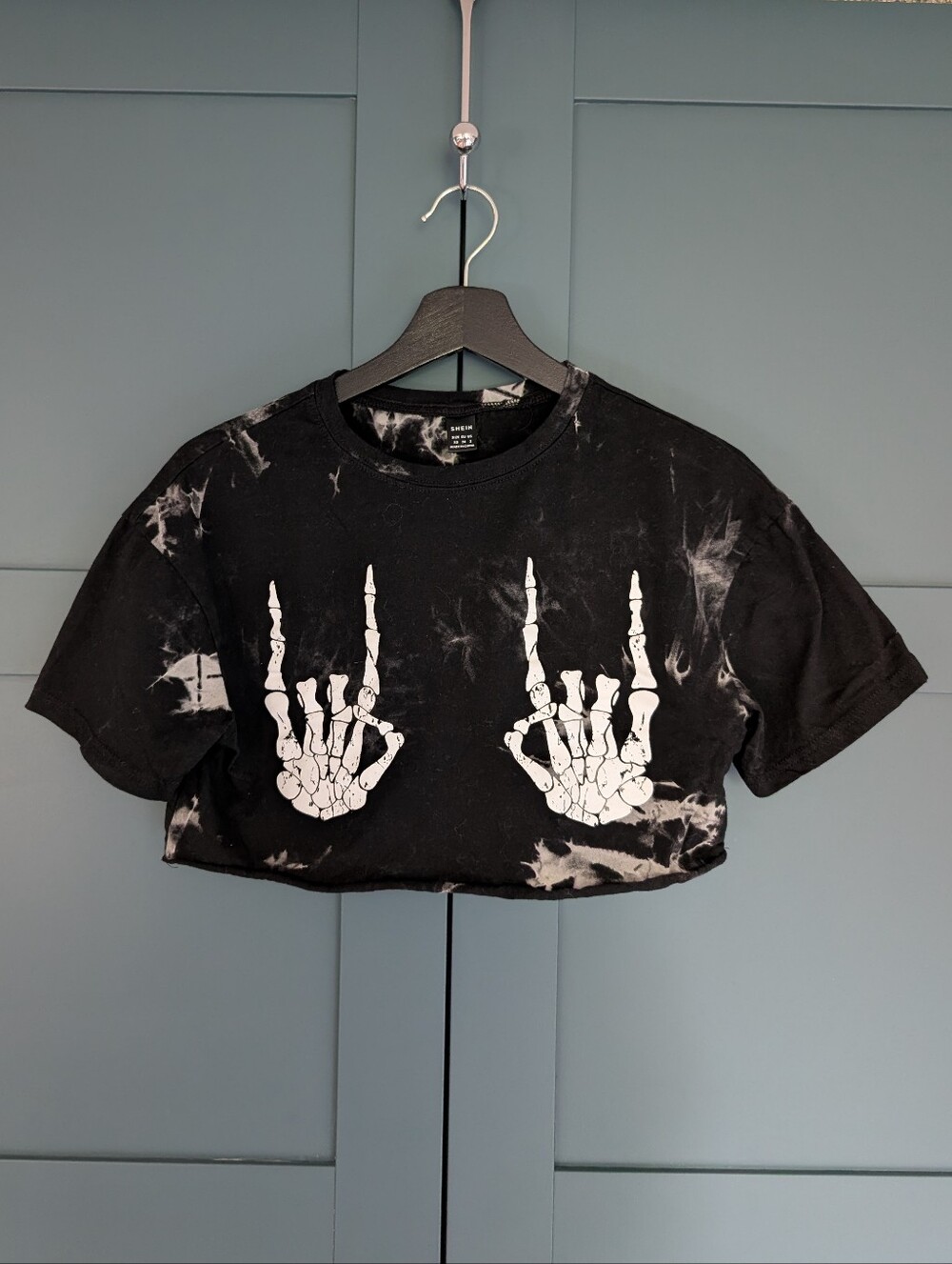 SHEIN Black Tie-Dye Skeleton Crop Tee | XS |